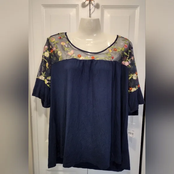 NY Collection Navy Blue Mesh Floral Embroidered Top with 3/4 Ruffle Sleeves 2X - Picture 1 of 9